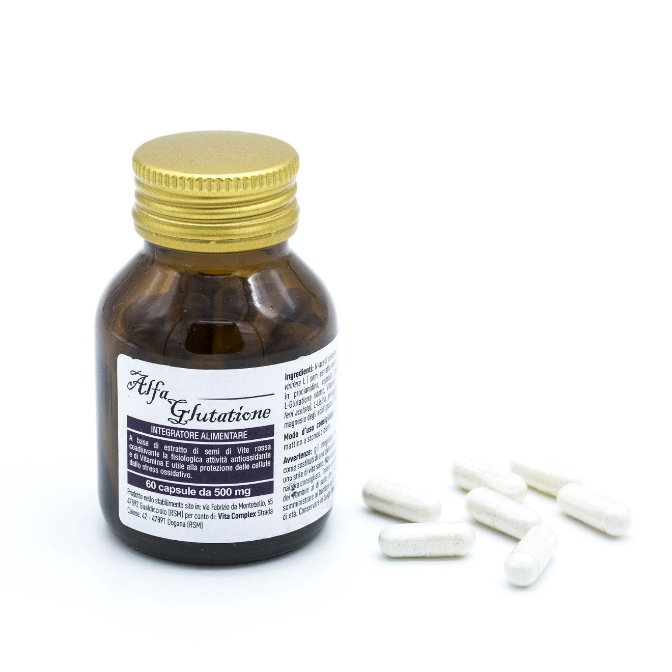 Flacon de Alfa Glutathion de Vita Complex Suisse vu de face avec les gélules. Complément alimentaire pour contrer le stress oxydatif